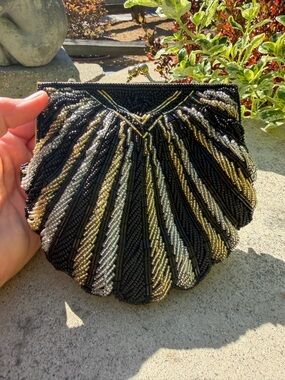 La Regale Black, Gold & Silver Beaded Shell Clutch